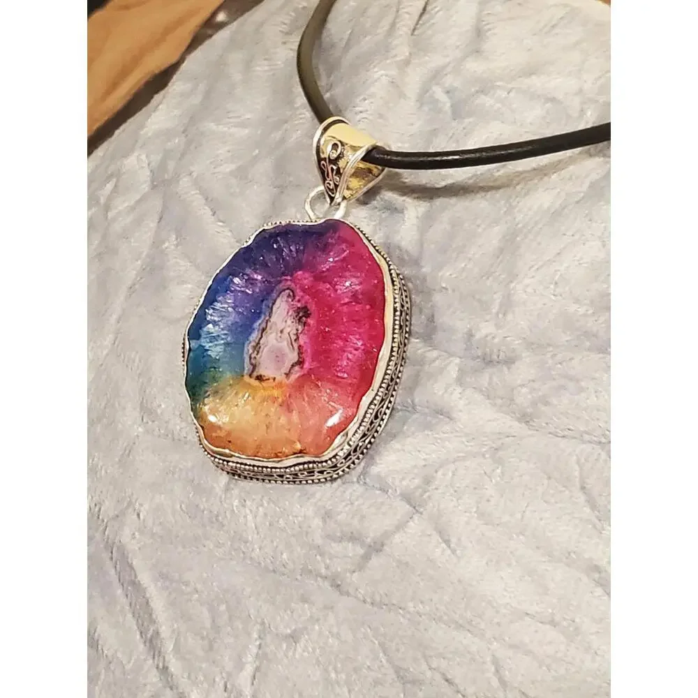 925 large solar rainbow quartz necklace - Picture 1 of 12